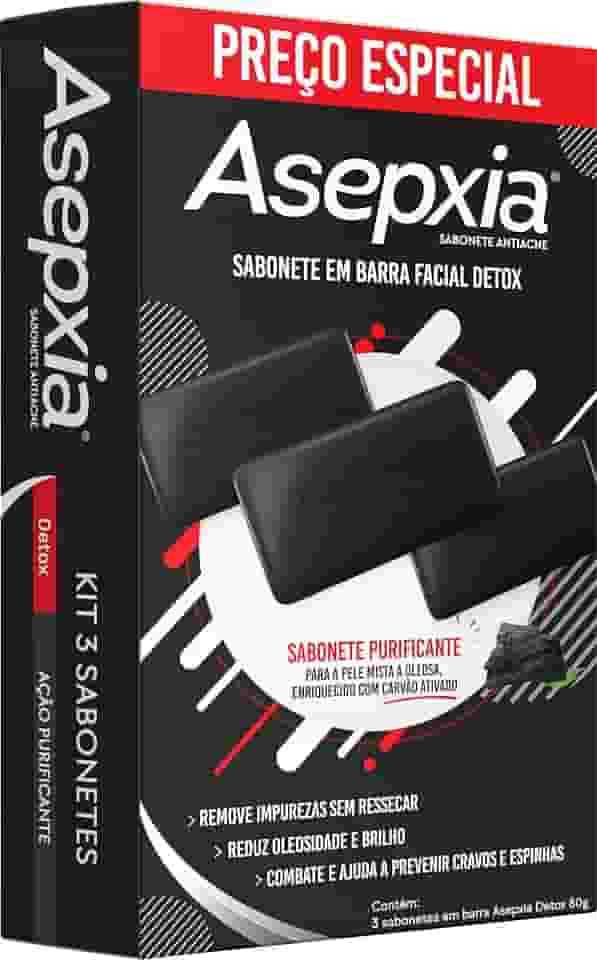 Kit Asepxia Sabonete Em Barra Facial Detox Com Carvão Ativado Antiacne Para Pele Oleosa, Limpeza Profunda E Controle Da Oleosidade, Purifica E Remove Cravos, 80g, 3-Pack
