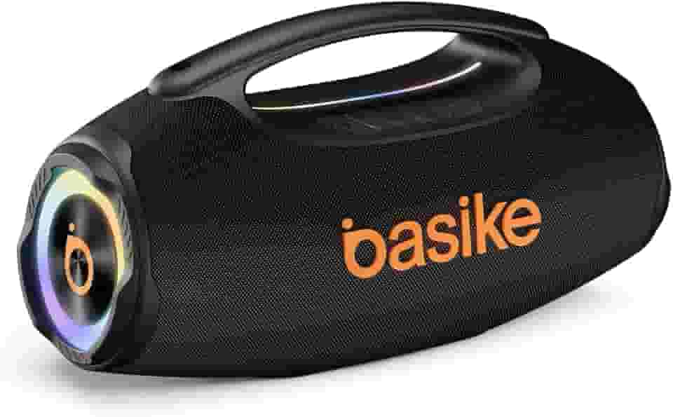 Basike Caixa de Som Bluetooth Portátil 80W RMS (Pico 120W), TWS Estéreo, Modos EQ, Luzes RGB, IPX6 Resistente à Água, Bateria 8000mAh, para Home Theater, Festa e Uso Externo – Preto