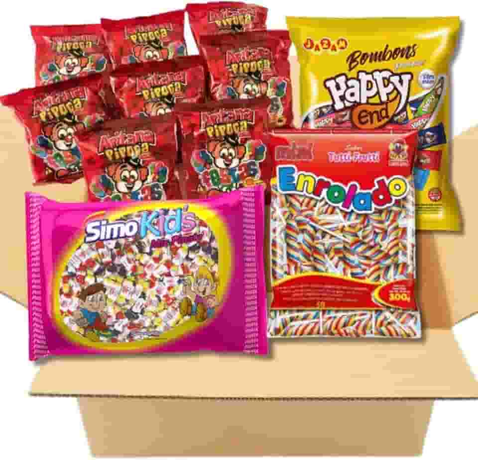 Kit Caixa Guloseimas Bala Pipoca Pirulito Bombom