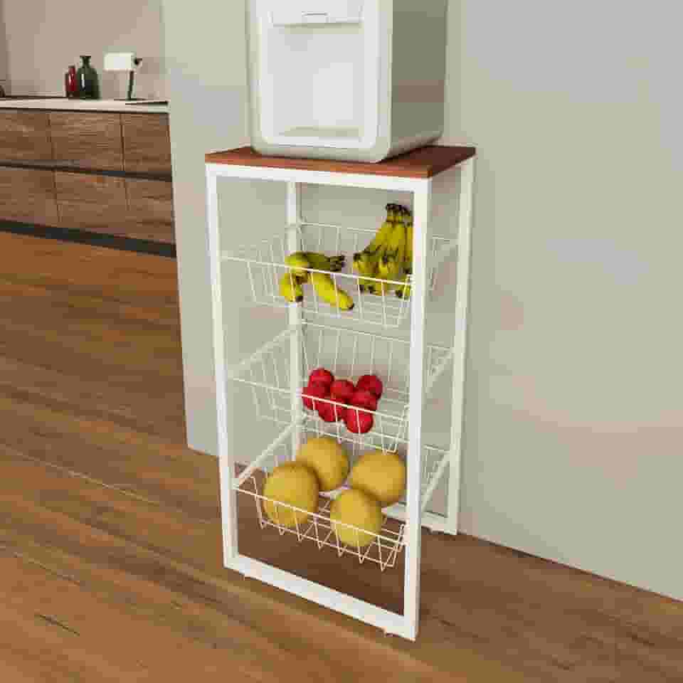 Fruteira De Chão Para Cozinha Branco Suporte Para Bebedouro Cesto Removível (MDF AMADEIRADO)
