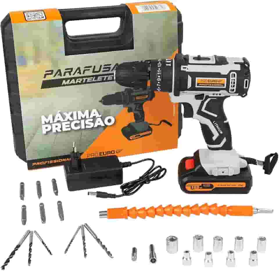 Parafusadeira e Furadeira Com Função Martelete Sem Fio Bateria 18v Mandril10mm Ajuste de Torque Bivolt Acompanha Maleta e Kit de Brocas - Pró Euro