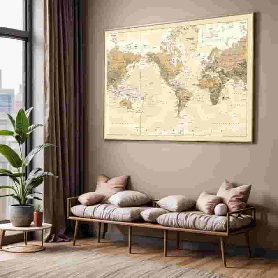 Quadro com Moldura Sala Quarto 40x60 Mapa Mundi Decorativo Horizontal Grande Hall
