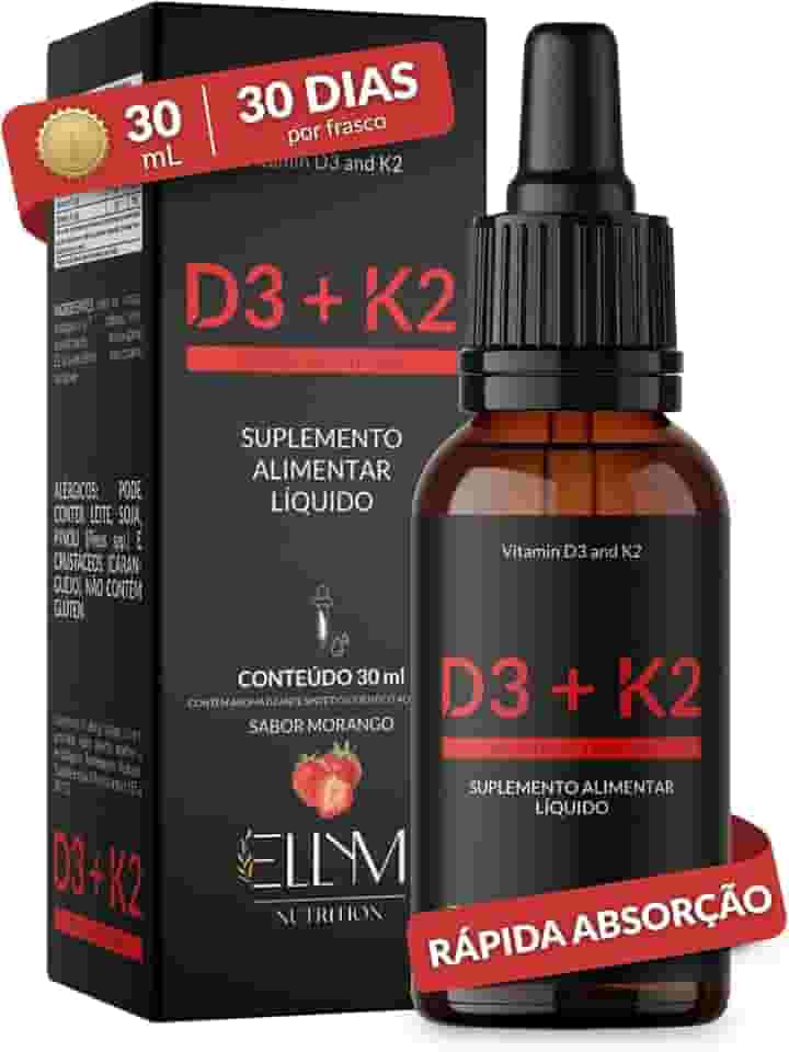 Vitamina D3 K2 em Gotas Sublingual 30mL ELLYM NUTRITION 2000 UI D3 + 120 mcg K2 Mk7 Sabor Morango Fortaleciomento Ósseo e Muscular
