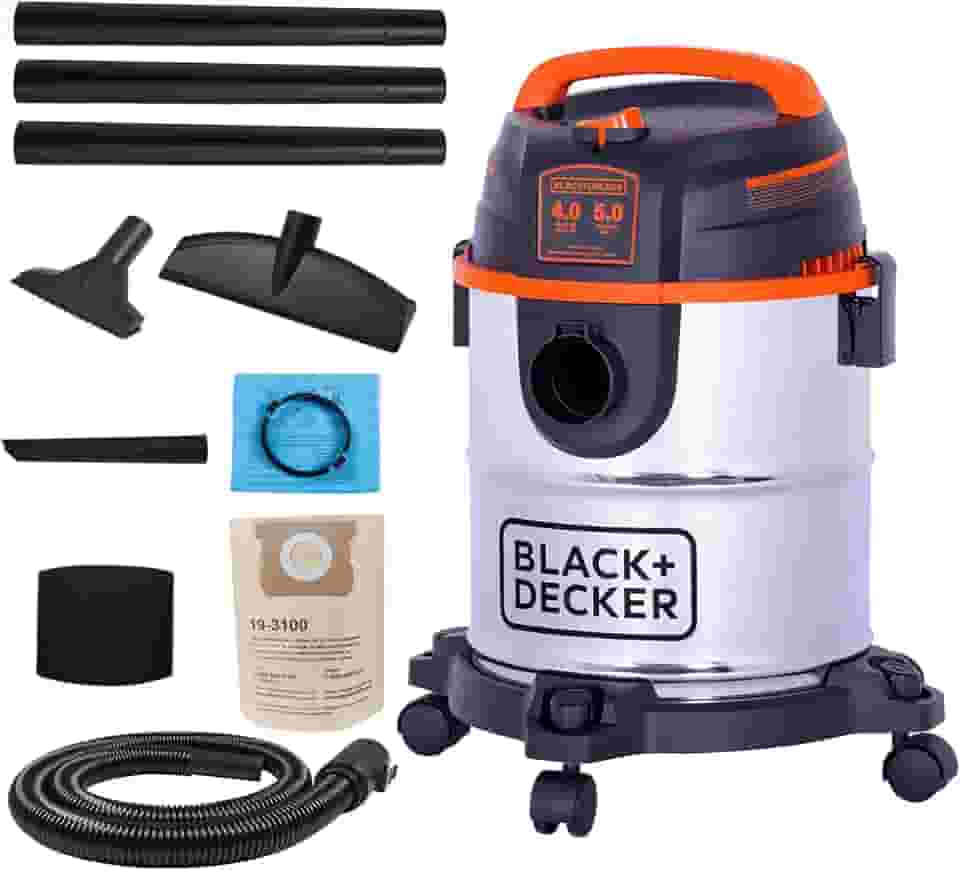 BLACK+DECKER Aspirador de pó molhado e seco, 3 em 1 de aço inoxidável 3 em 1 com acessórios, aspirador de pó de 4 HP, para oficina, casa, garagem e animal de estimação, BDXV18143