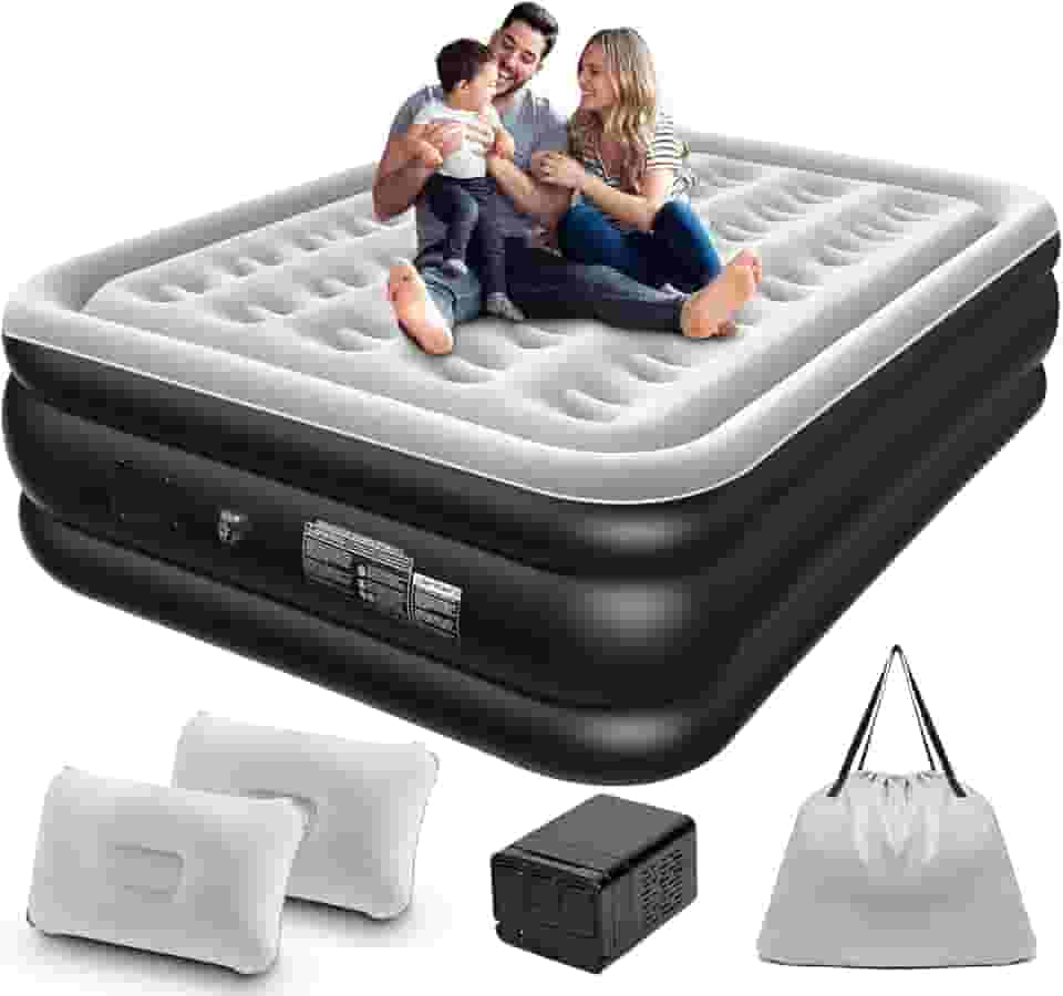 Colchão Inflável Queen Size 205 * 155CM com Bomba de ar Elétrica Recarregável Embutida, Inflação e Deflação Rápidas e Automáticas, para Viagens e Acampamentos (Preto e Branco)