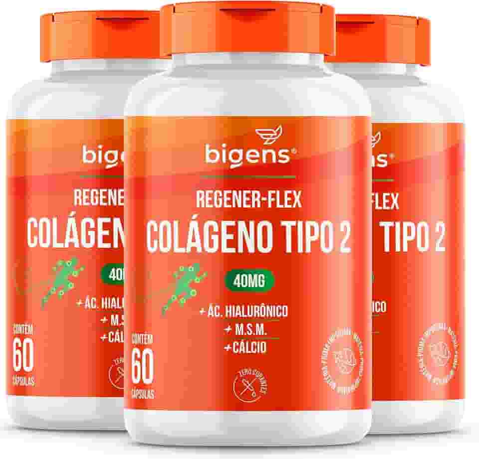 Regener Flex, Colágeno tipo 2 40mg, ácido hialurônico, M.S.M, Cálcio, Bigens, Kit 3x 60 cápsulas