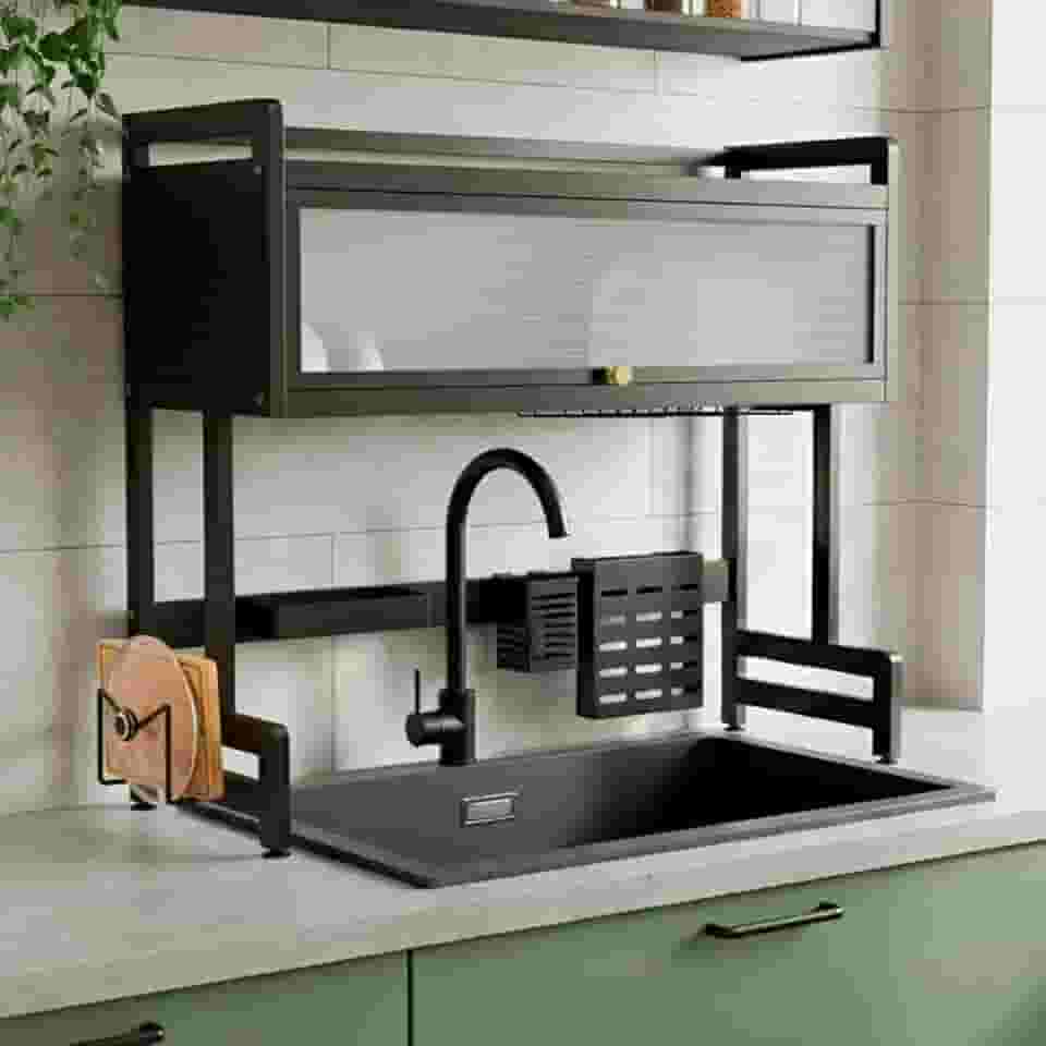 Decolab Escorredor de Louça Multiuso Para Pia Suspenso Grande com Armário Gaveta Porta Retrátil (Preto, 2 Andares)