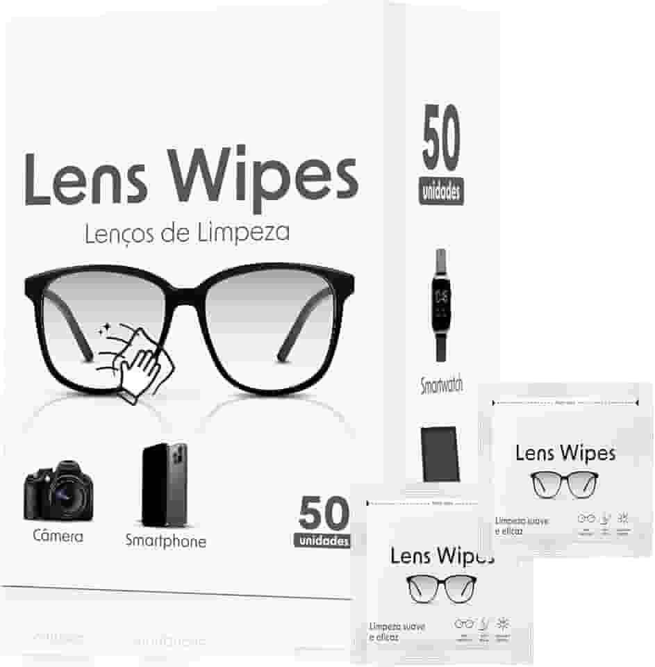 Lenços Umedecidos para Limpeza de Lentes, Óculos, Câmeras Smartphone Smartwach, Lens Wipe 50 Unidades Embaladas Indivualmente Sem Álcool