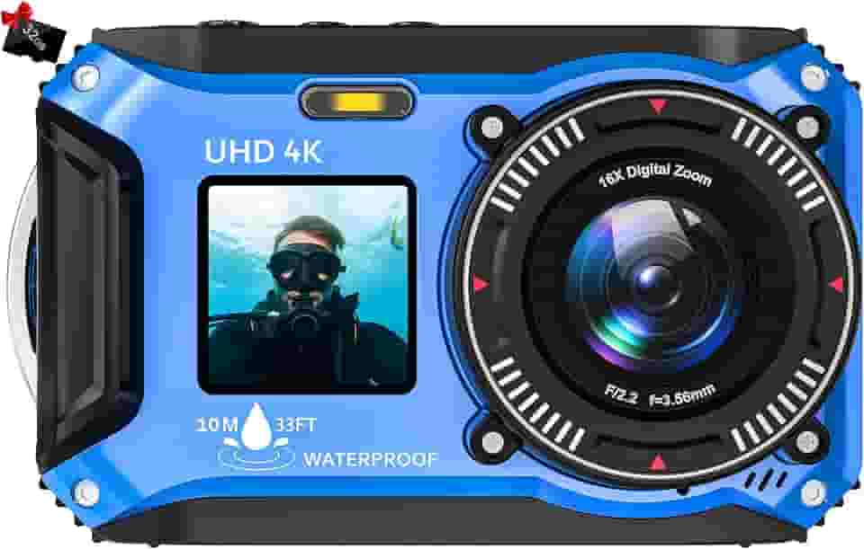 Câmera digital – Câmera subaquática 4K 56MP 33FT UHD para snorkeling com cartão de 32 GB de tela dupla, compacta, à prova d'água, à prova de poeira, câmera flutuante – Câmera digital de foco