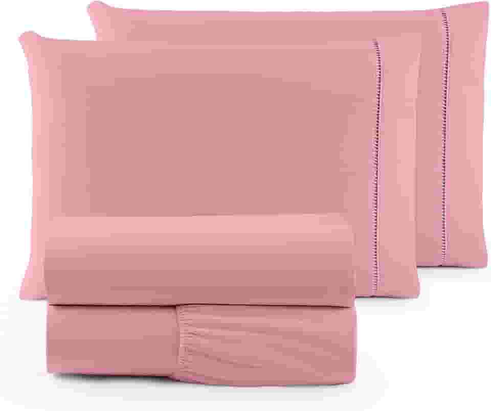 Jogo de Lençol SOLTEIRO 3 Peças 400 Fios Lençol de Cima Ponto Palito Toque de Pessego Lençol com Elastico e Com Fronha (ROSE, SOLTEIRO 3 PEÇAS)
