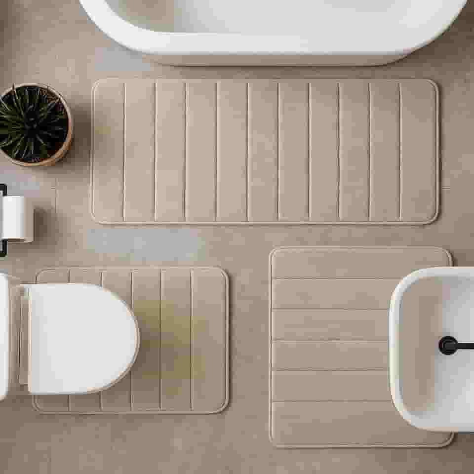 Decolab Tapete Antiderrapante Banheiro Super Soft | Kit Tapete Banheiro Box ou Banheira Completo | Jogo Tapetes Para Banheiro Multiuso Decoração Quarto (Bege, 3 Peças)