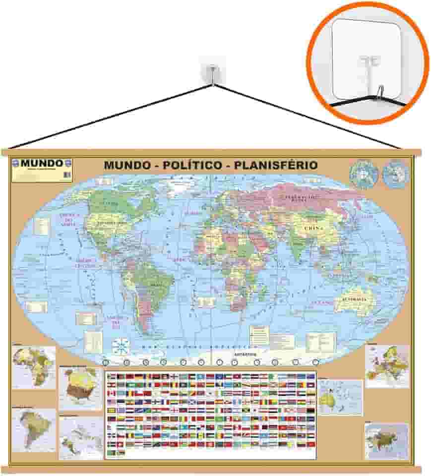 Mapa Mundi Banner + Gancho Autocolante - Moldura Laminado Grande- Atualizado- Pronto para pendurar