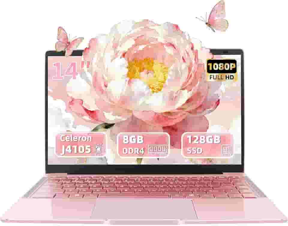 Laptop em ouro rosa de 14 polegadas, processador quad-core J4105, tela FHD IPS, 6 GB de RAM, SSD de 128 GB, PC Win 11 Pro, notebook ultraleve para viagens, aulas online, trabalho e estudo