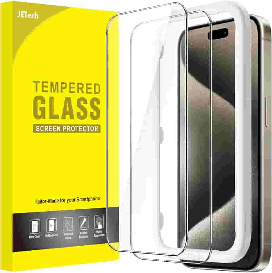 JETech Película de Vidro Temperado para iPhone 15 Pro Max 6,7 Polegadas, Protetor de Tela com Ferramenta, Compatível com Capa, HD Claro, Pacote de 2 Unidades