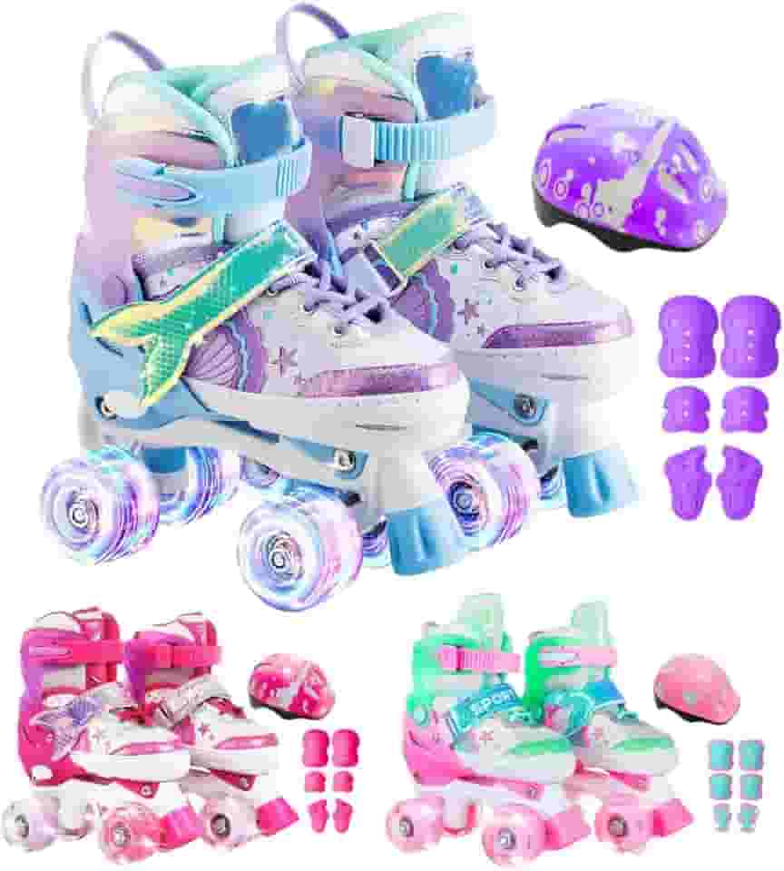 Patins 4 Rodas Infantil Ajustável Led + Kit Proteção