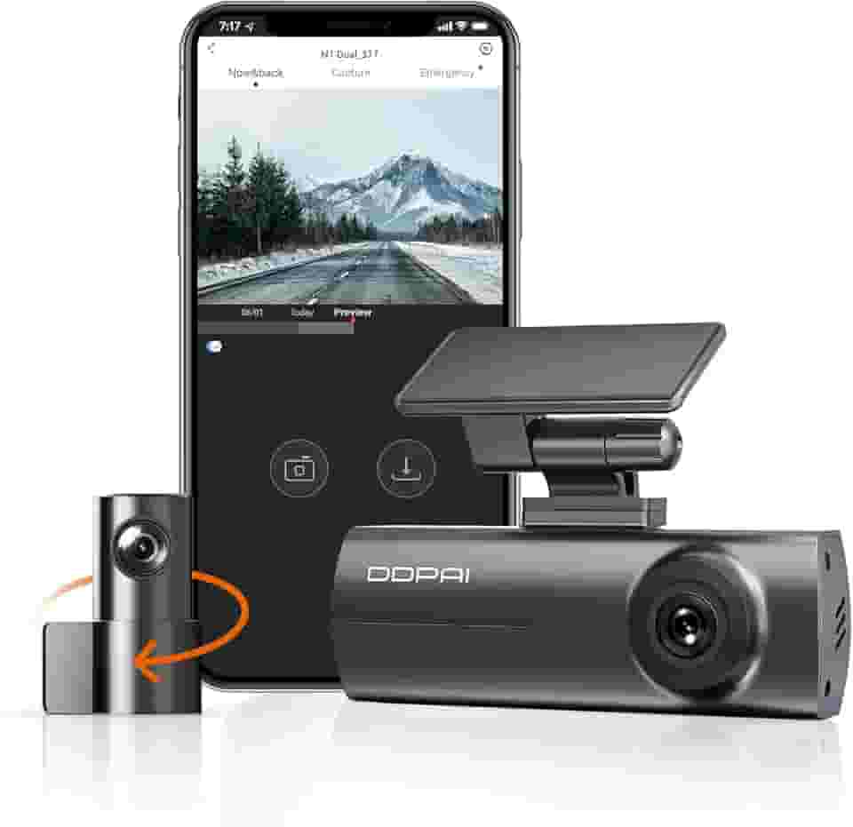 DDPAI N1 Dual Dash Cam Frontal Traseira 1296P+1080P Câmera para Carro com WiFi, Aplicativo, Supercapacitor, Visão Noturna, Sensor G, Gravação em Loops, Modo de Estacionamento 24 Hora (Sem Cartão SD)