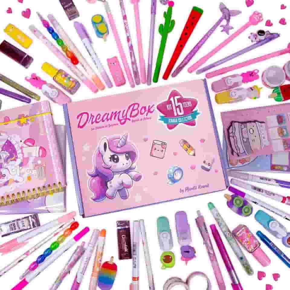 Kit de Papelaria Fofa Kawaii Kit 15 Itens Com Caixa de Presente Exclusiva Planeta Kawaii, Presente para Menina, Adolescente, Mulher, Criativo, Papelaria Infantil, Volta às Aulas