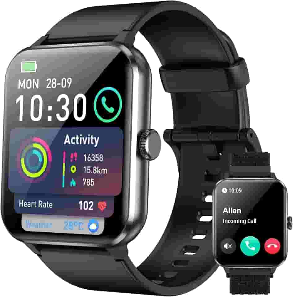 Smartwatch,Relógio Inteligente para Homens e Mulheres, 1.85“ Tela HD Touch, 100+ Modos Esportivos, Chamadas Bluetooth,Assistente de Voz, Compatível com iOS/Android,Inclui 2 Pulseiras,Preto