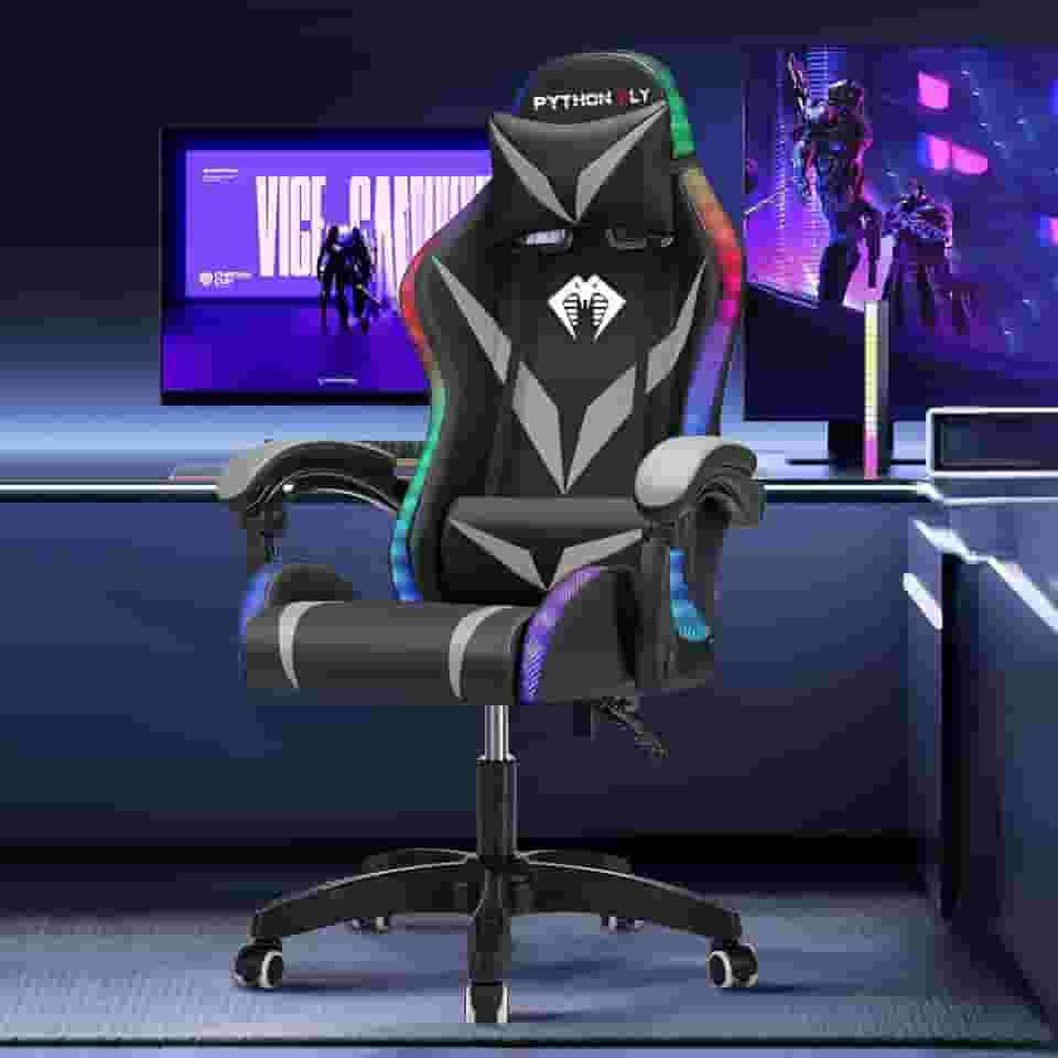 Cadeira Gamer RGB Python Fly com Iluminação Decorativa, Encosto Reclinável, Design Ergonômico para Escritório e Jogos (Cinza)