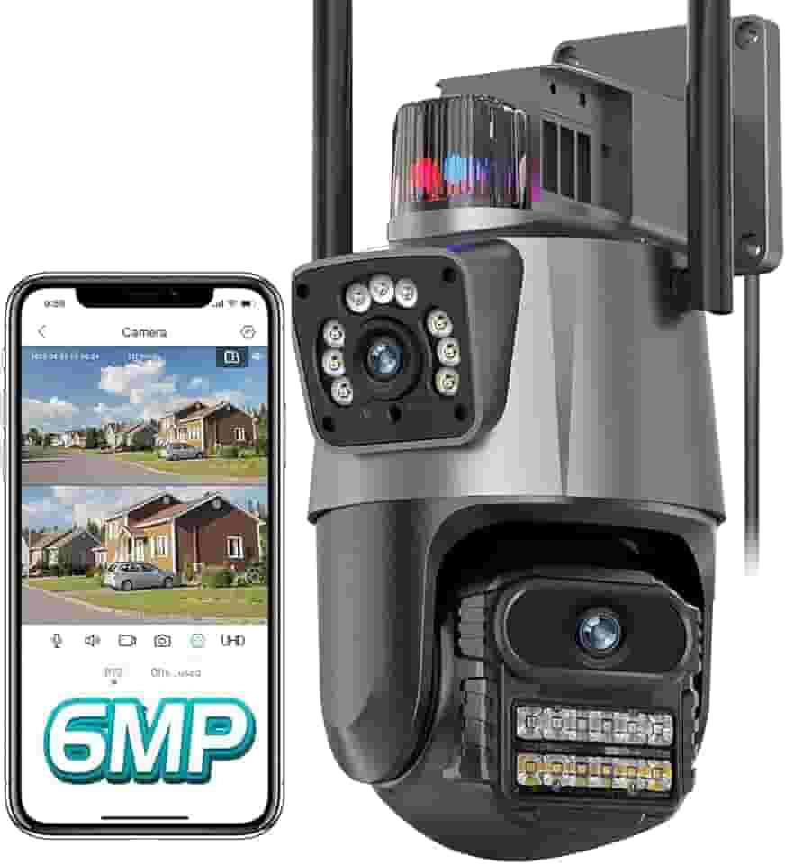 Câmera de Segurança Wi-Fi Externa 4K com Dupla Lente e Tela Dividida, Visão Noturna Infravermelha, Sirene, Luz de Alerta, IP66 à Prova d’Água e Poeira – Vigilância 24h para Ambientes Externos