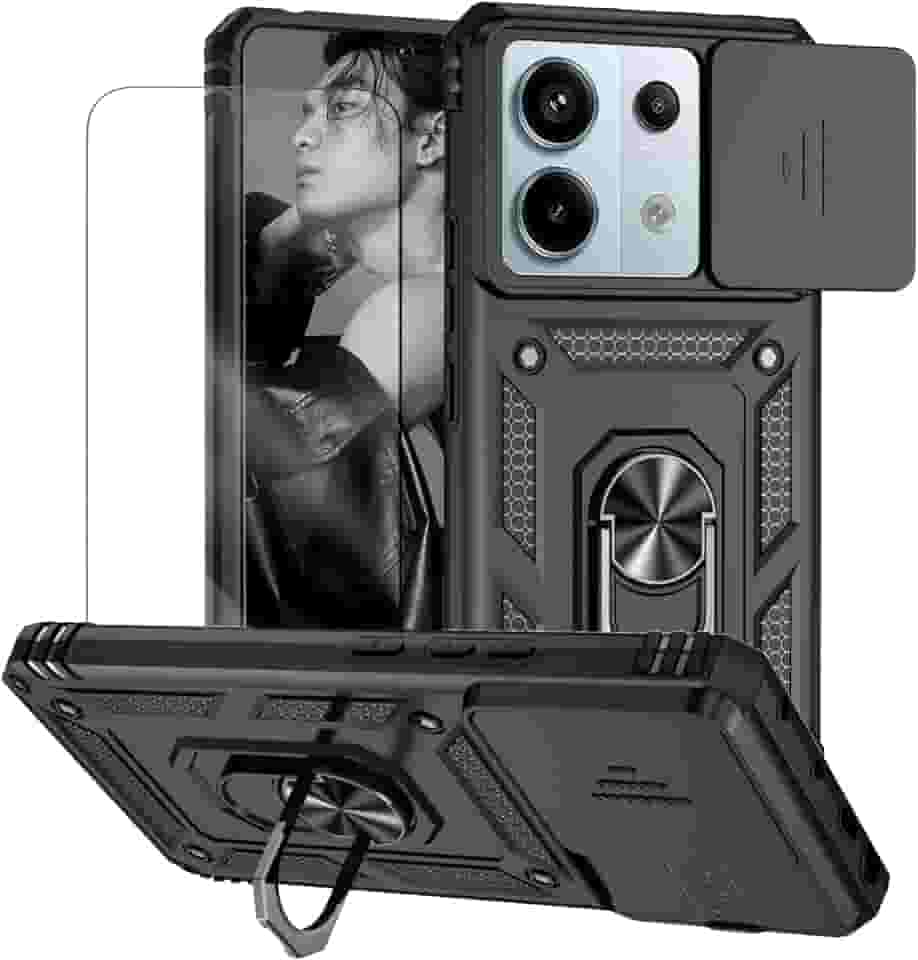 Capa para Xiaomi Poco X6 e Redmi Note 13 Pro 5G Capinha | com 2 peças de protetor de tela temperado com janela deslizante da câmera e suporte para telefone incluídos - Preto