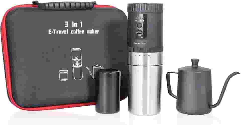 SOTECH Máquina de café portátil 3 em 1, moedor de café elétrico, preto, para armazenamento de grãos de café para viagens, caminhadas, piquenique, acampamento