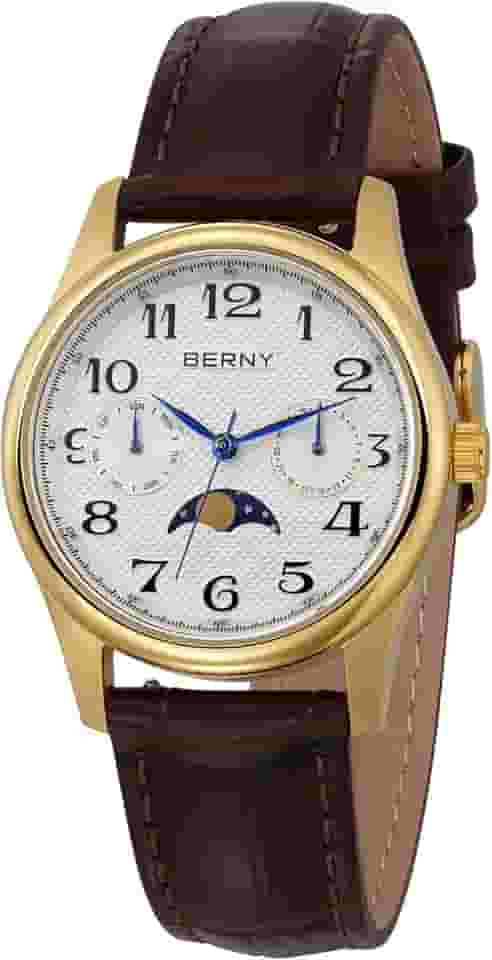 Relógio feminino dourado com fases da lua, relógio de pulso de quartzo, fácil leitura, numerais arábicos, mostrador multifuncional, analógico, caixa de aço inoxidável, com calendário de data e