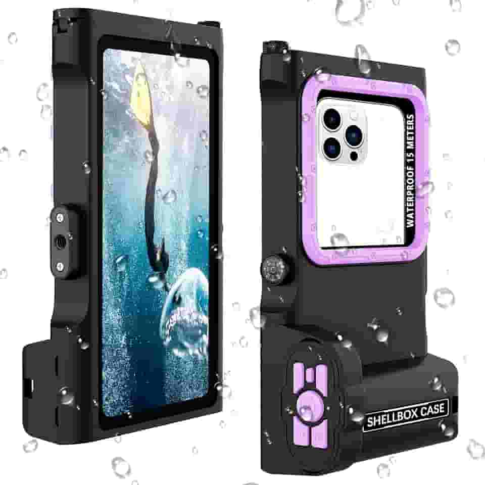 Capa de telefone profissional à prova d'água, conexão Bluetooth com controle de aplicativo, capa protetora subaquática de 15 m para foto e vídeo para iPhone, Samsung, LG, Huawei, etc. (preto e roxo)