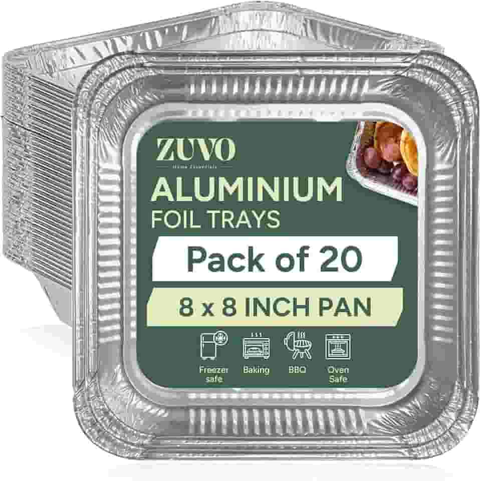 Zuvo Formas de alumínio de 20 x 20 cm (pacote com 20 - sem tampas) – Assadeiras descartáveis fortes para cozinhar, assar, congelar e preparar refeições