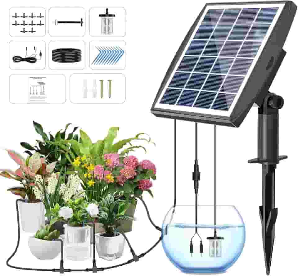 OHYEAHSPIN Sistema de Irrigação Por Gotejamento Movido A Energia Solar, Acessórios para Estufas Externas com Irrigação Automática de Jardim Solar, com Suporte para 15 Vasos de Plantas E 6 Modos de Tem