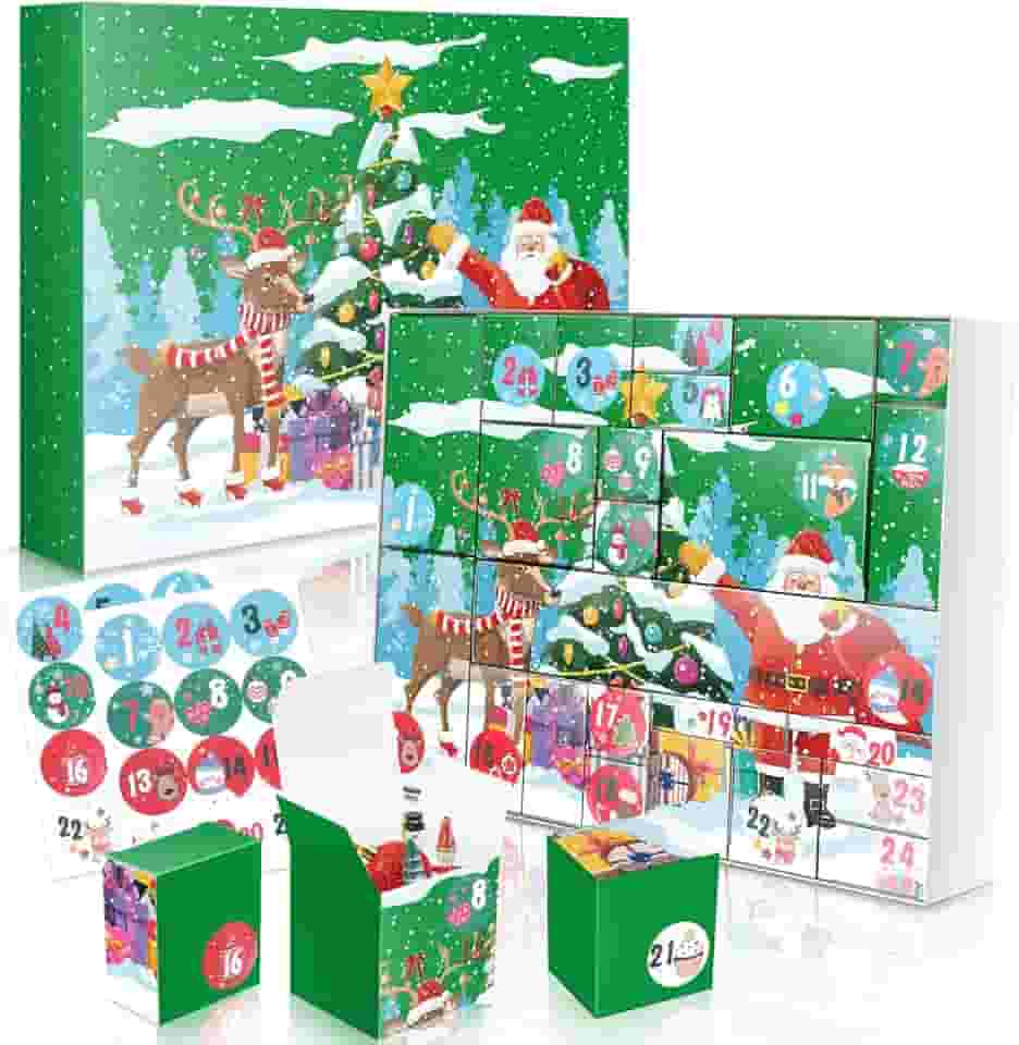 Caixa de presente com calendário do advento de Natal DIY 2025-24 dias de caixas surpresa para crianças, família e amigos - verde