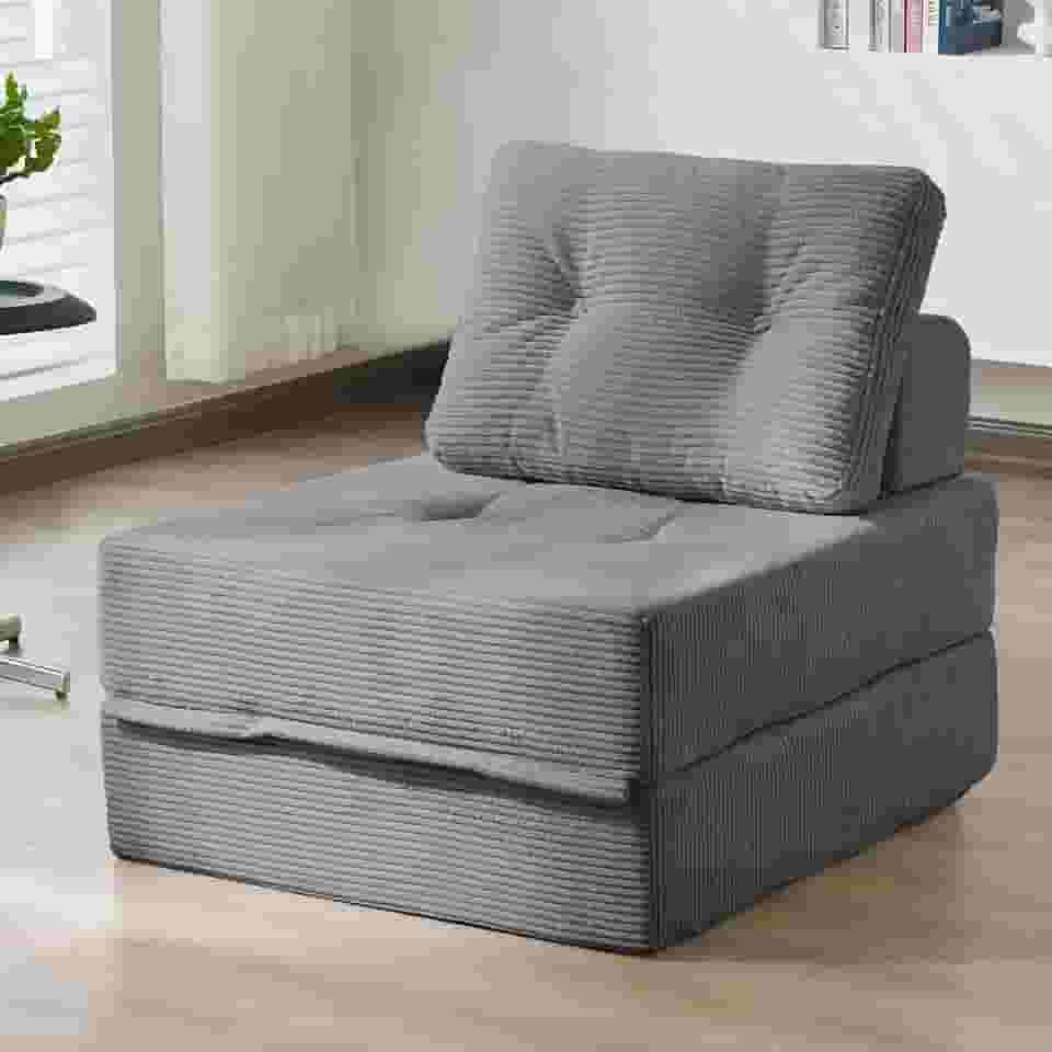 Sofá-cama dobrável, cadeira de dormir conversível 3 em 1, veludo cotelê de espuma de alta densidade, futon, sofá, cadeira dobrável, cama para adultos, sala de estar, quarto, cinza
