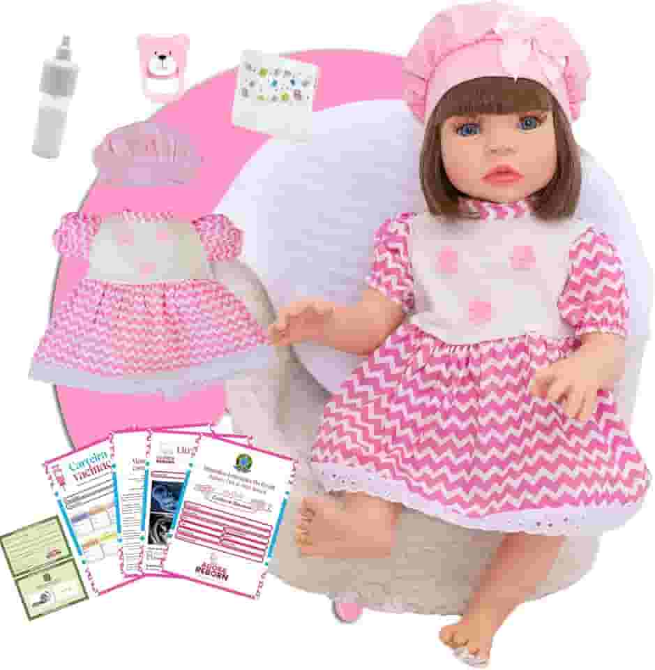 Boneca Bebê Reborn Menina Realista em Silicone com Roupinha e Acessórios Inclusos 45 cm (Listra Rosa)