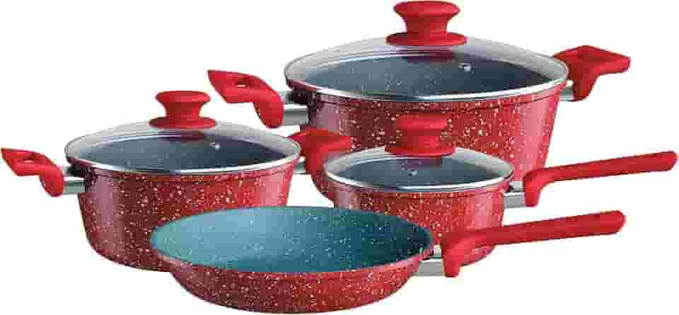 Euro Home, ALU8709-VO, Conjunto de panelas ColorStone 4 peças de alumínio com antiaderente e tampa de vidro, Volcano, Vermelho