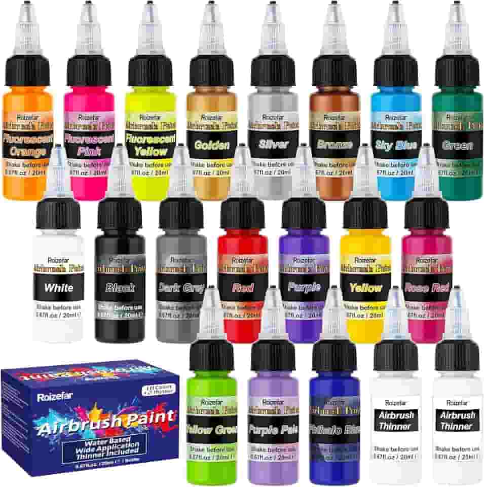 Roizefar Tinta para aerógrafo, 18 cores com 2 conjunto de tinta para aerógrafo mais fino, tintas acrílicas à base de água, prontas para pulverizar, inclui cores metálicas e clássicas e fluorescentes