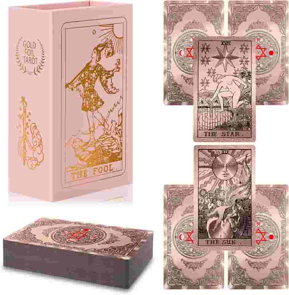 lrjrizzo Waterproof Tarot Cards with Meanings on Them Gold Tarot Cards with Guide Book Gold Foil for Beginners 78 Classic Origina Rider Waite Taro Deck Fortune Telling Game