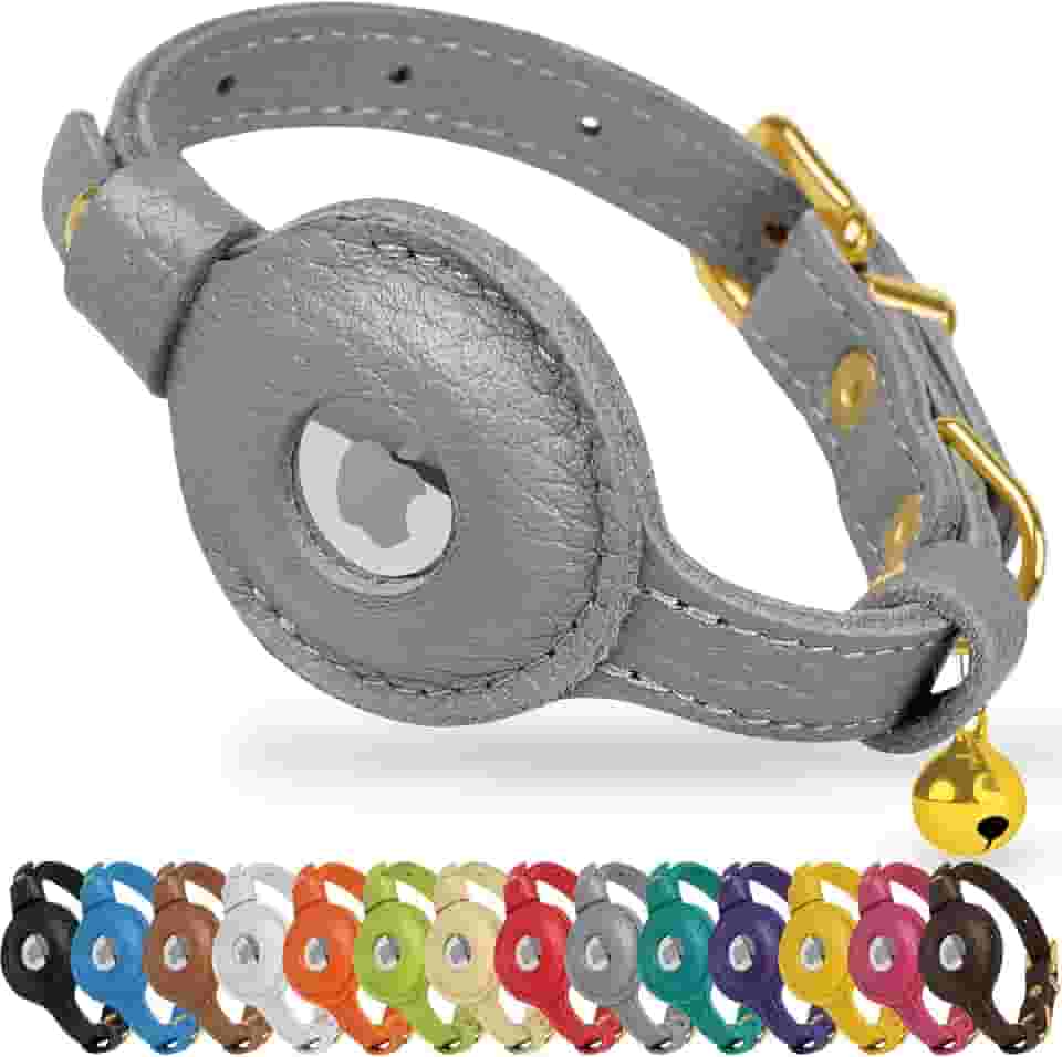 OOPSDOGGY Coleira AirTag de couro para gatos com sino – coleira não separável com suporte para Apple Air Tag – Coleiras leves para animais de estimação com GPS para meninas, meninos, cães pequenos,