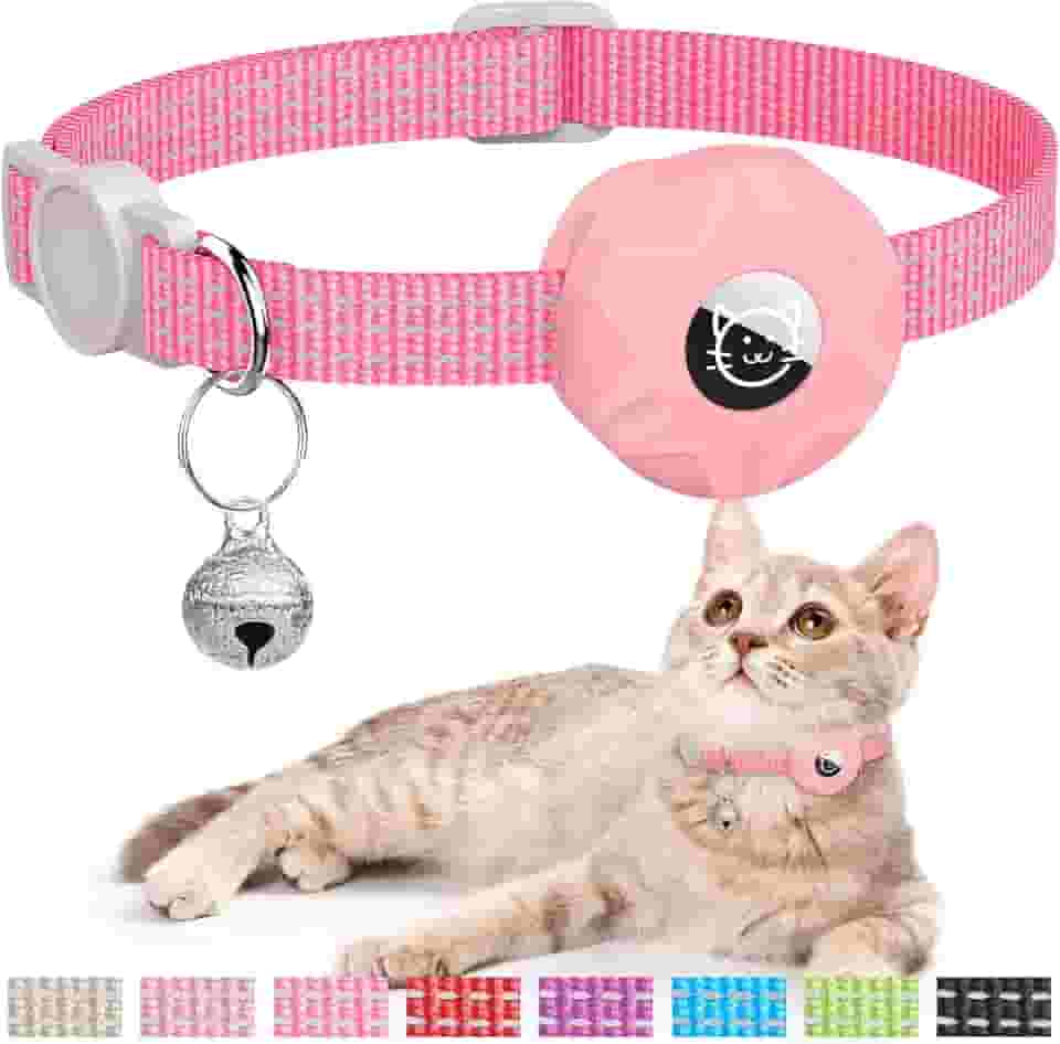 Coleira para gatos Apple AirTag, rastreador GPS com suporte refletivo e sino, leve para gatos e gatinhos (rosa)