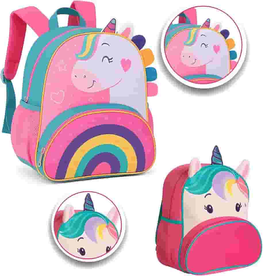 Mochila Infantil Menina Com Alça Costas Criança Creche Bebê Unicórnio Rosa - Sortida