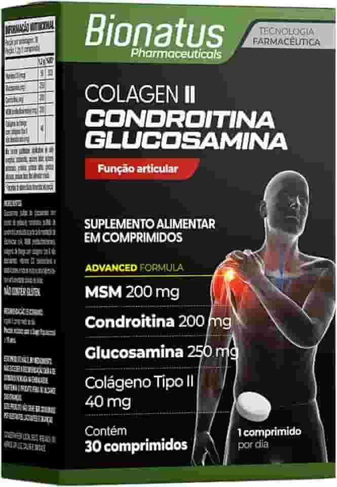 Bionatus, Colágen II, Condroitína, Glucosamina, Suplemento alimentar, MSM 200mg + Condroitina 200mg + Glucosamina 250mg + Colágeno Tipo II 40mg, 30 cápsulas • 30 doses, Preto