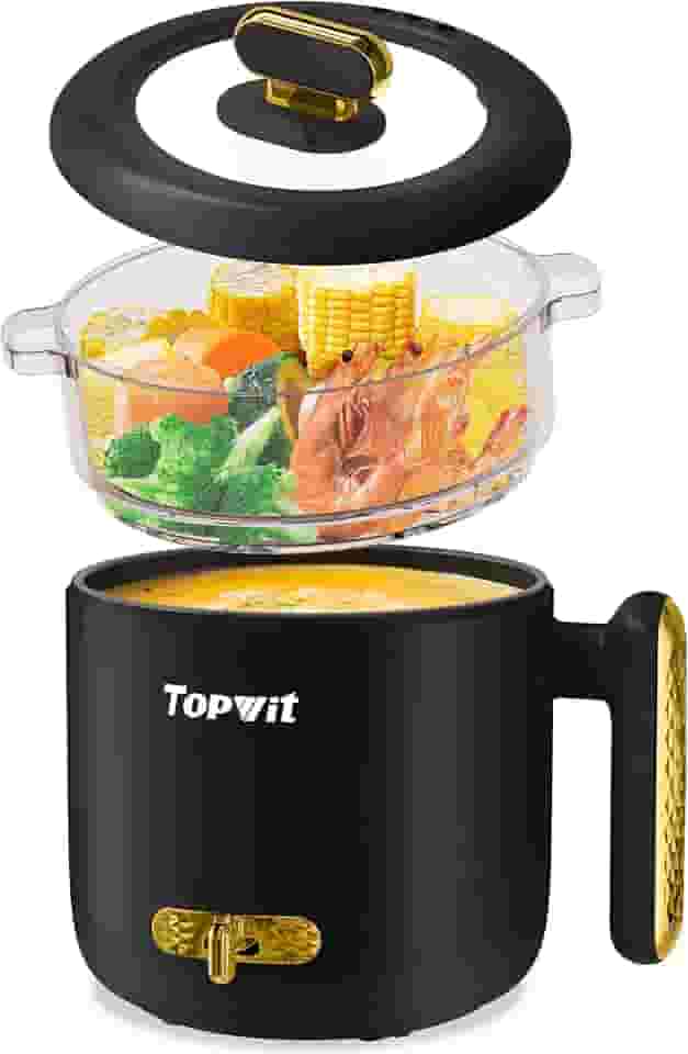 Topwit Panela Elétrica Quente com Vaporizador, 1,8 L para Cozinhar, Panela de Ramen Rápida, Panela Elétrica Portátil para Bife, Ovo, Sopa, Macarrão com Ajuste de Energia, Dorm Room Essentia, Preta