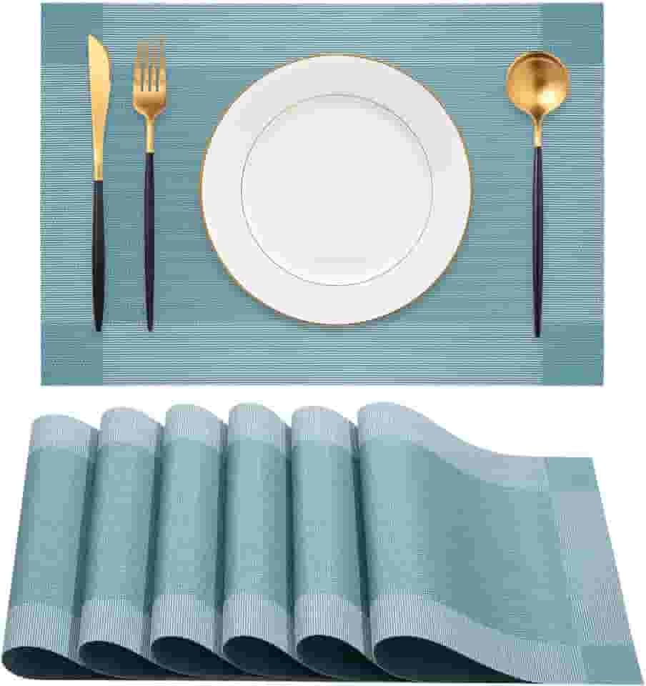 Jogo Americano 6 Peças, 30cm x 45cm Retangular, Antiderrapante, Resistente ao Calor, Lavável, Fácil de Limpar, Alta Durabilidade, PVC Mesa Posta Sousplat (Azul)