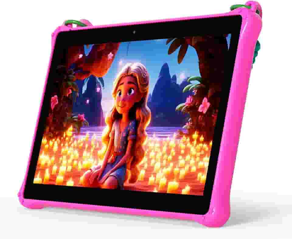 PRITOM Tablet infantil de 10 polegadas Android 13 com cordão de 64 GB, Quad-Core, tela HD IPS, WiFi, câmera dupla, tablet infantil para crianças maiores de idade (rosa)