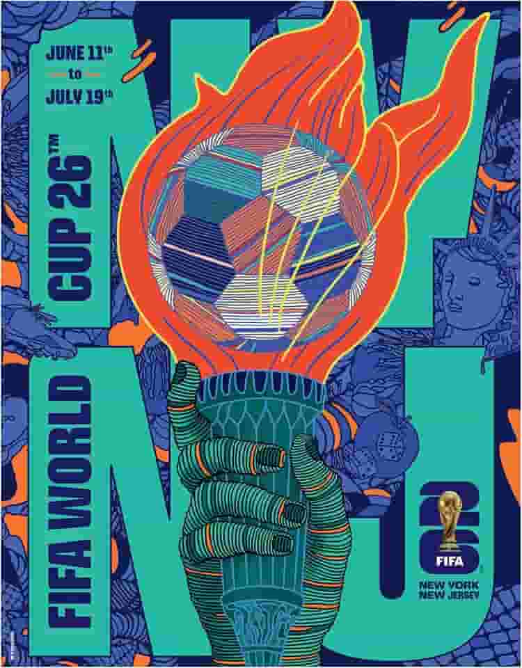 Ímã de pôster da Copa do Mundo FIFA de Nova YorkHost City – Ímã oficialmente licenciado da Copa do Mundo da FIFA – Design vibrante de torneio – Fixação forte durável – Perfeito para geladeiras