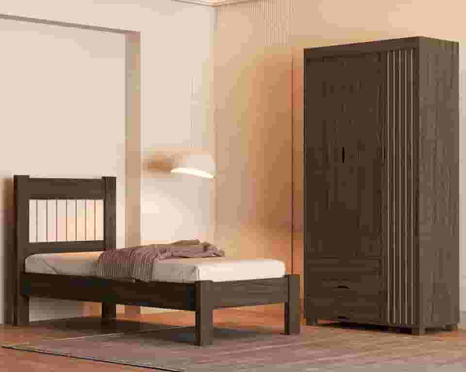 Jogo de Quarto Bela Cama Solteiro e Roupeiro em MDF (Chocolate)