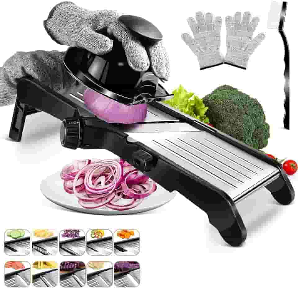 Mandoline Profissional Inox Fatiador Legumes Manual Adjustable Cortador Legumes Manual Multifuncional com Luvas Escovas Resistentes Cortes Mandolim Cozinha para Cebola Batata Alimentos
