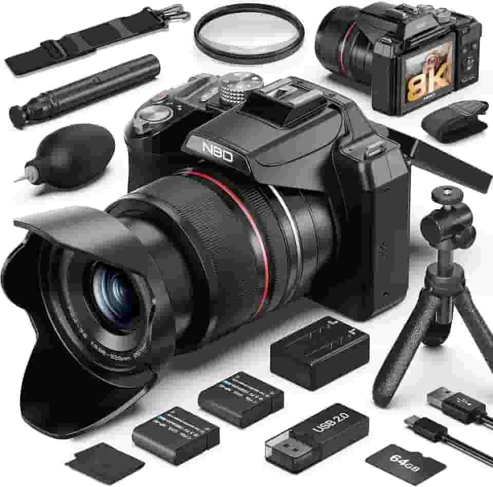 Câmeras profissionais de 8 K e 64 MP para fotografia, zoom de 48 x (óptico de 16 x + 3 digitais) com modo lua, tela flip de 180°, WiFi, micro HDMI, cartão de 64 GB e 2 baterias, câmera digital para