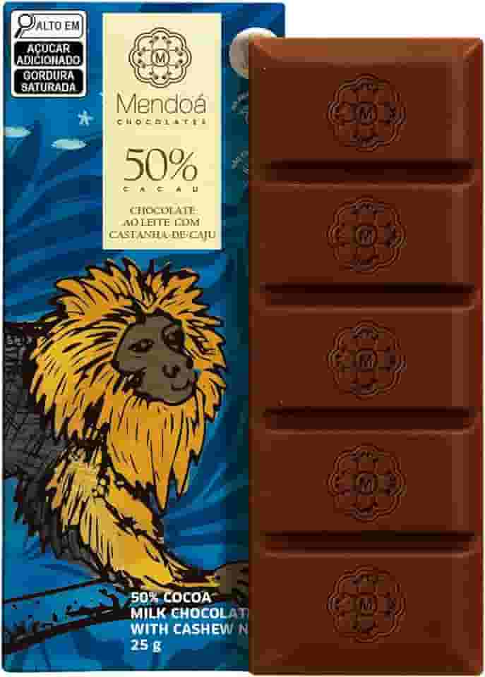 Mendoá, Barra de chocolate premium 50% de cacau ao leite com castanha de caju, Brasilis, 25 gramas