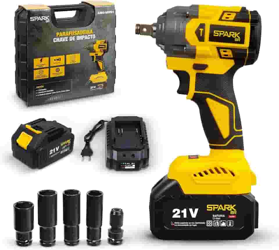 Chave Impacto Spark BR 21V Brushless Portátil Torque 350Nm 2 Velocidades LED Indicador Carga Bateria 3000mAh Maleta Carregador Rápido 4 Soquetes