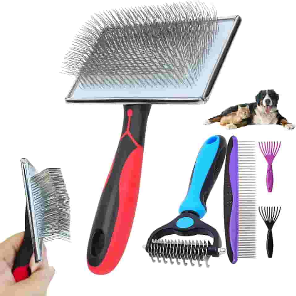EAFBAO Escova extralonga para cães, tamanho grande, remove pelos soltos e emaranhados; ancinho de subpelo para queda, escova 5 em 1 para cães e gatos de pelo longo e curto